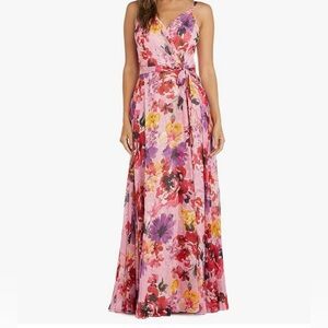 Nightway Women 6 Petite floral print tie waist gown maxi wrap summer dress long
